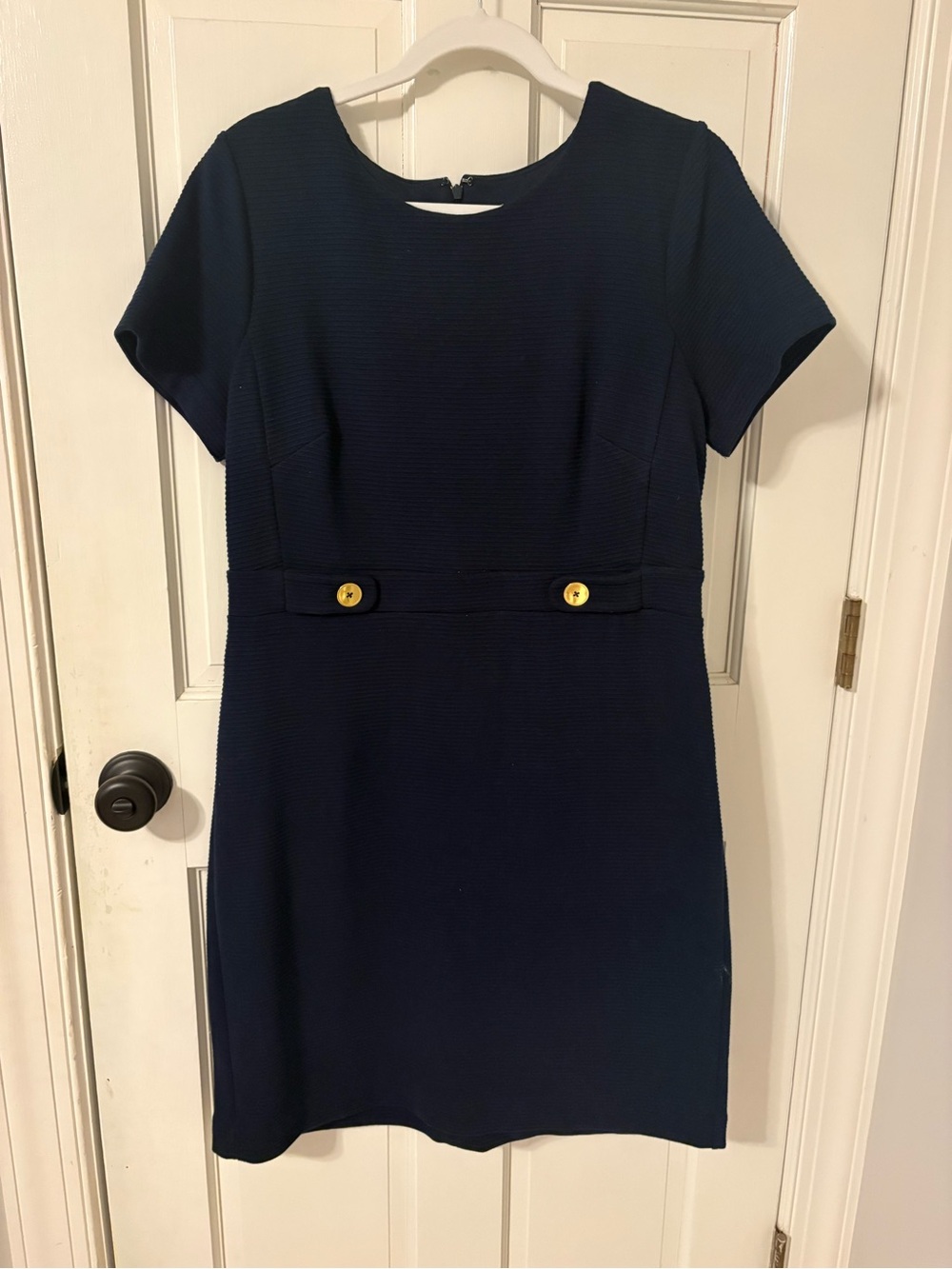 Ann Taylor Factory Navy Short-Sleeve Midi Dress with Gold Buttons